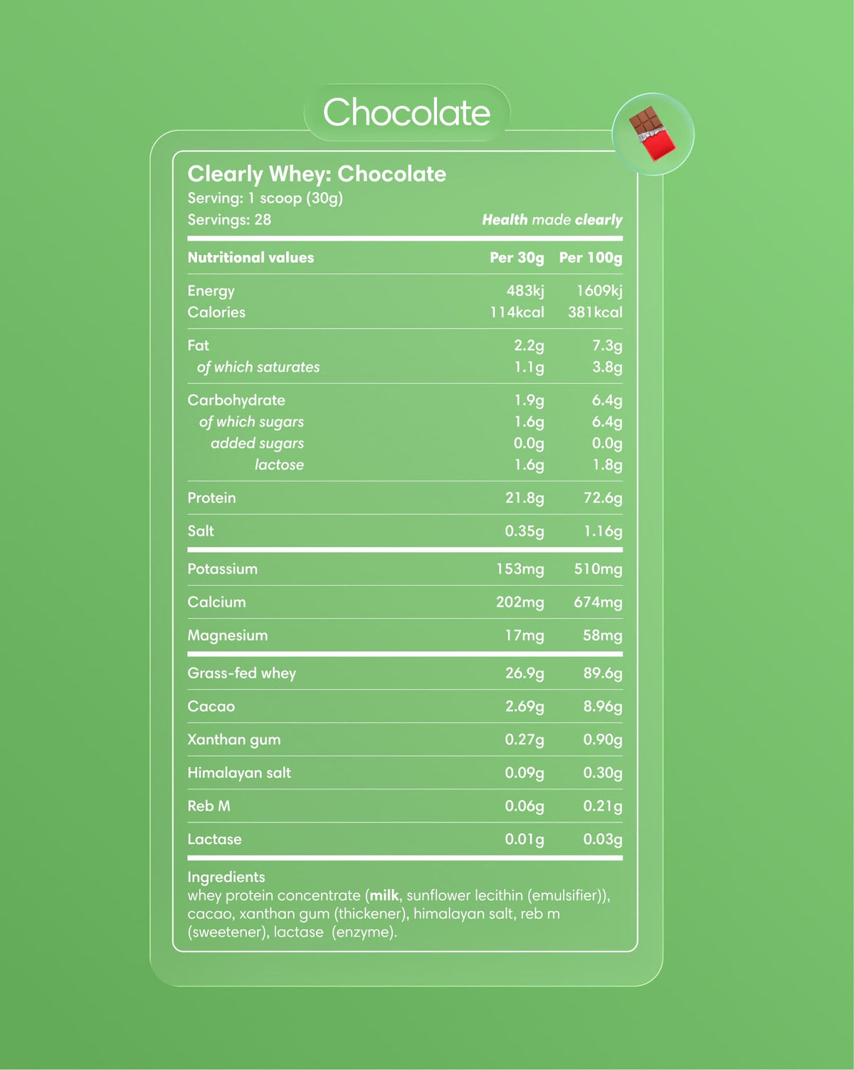 Clearly grass-fed whey protein powder label with chocolate flavor, featuring nutritional information and brand logo on packaging.